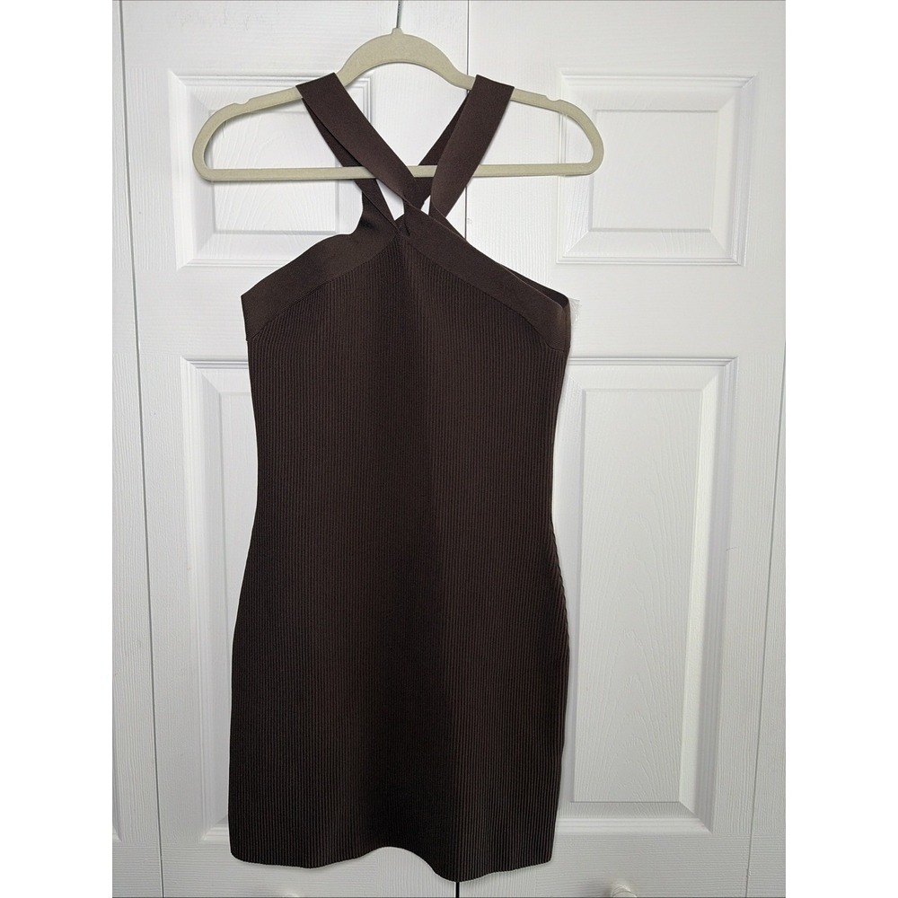 Babaton Galen Mini Dress Size L Brown Halter Sculptural Knit Ribbed Aritzia Body
